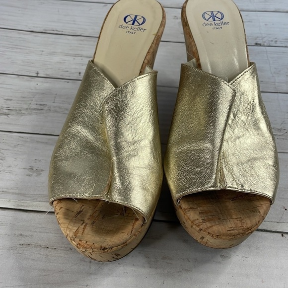 DEE KELLER gold Leather Cork Heel Wedge Platform Mule Sandals - Picture 8 of 14